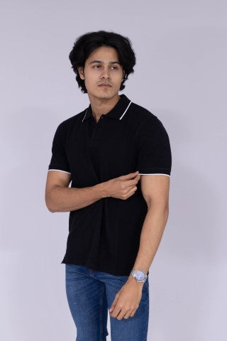 Black polo T-shirt with white tipping details