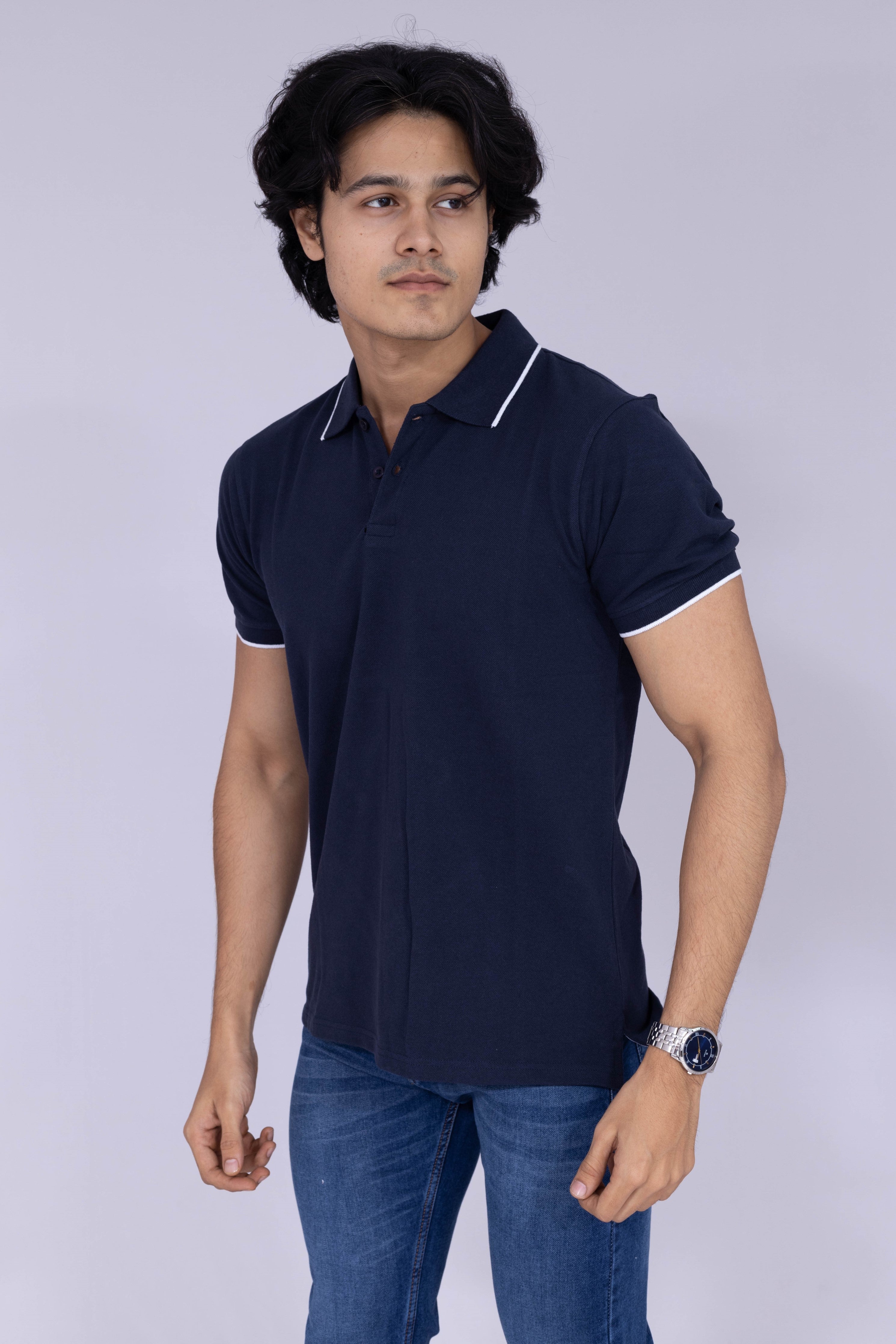 Deep Navy polo T-shirt with white tipping details