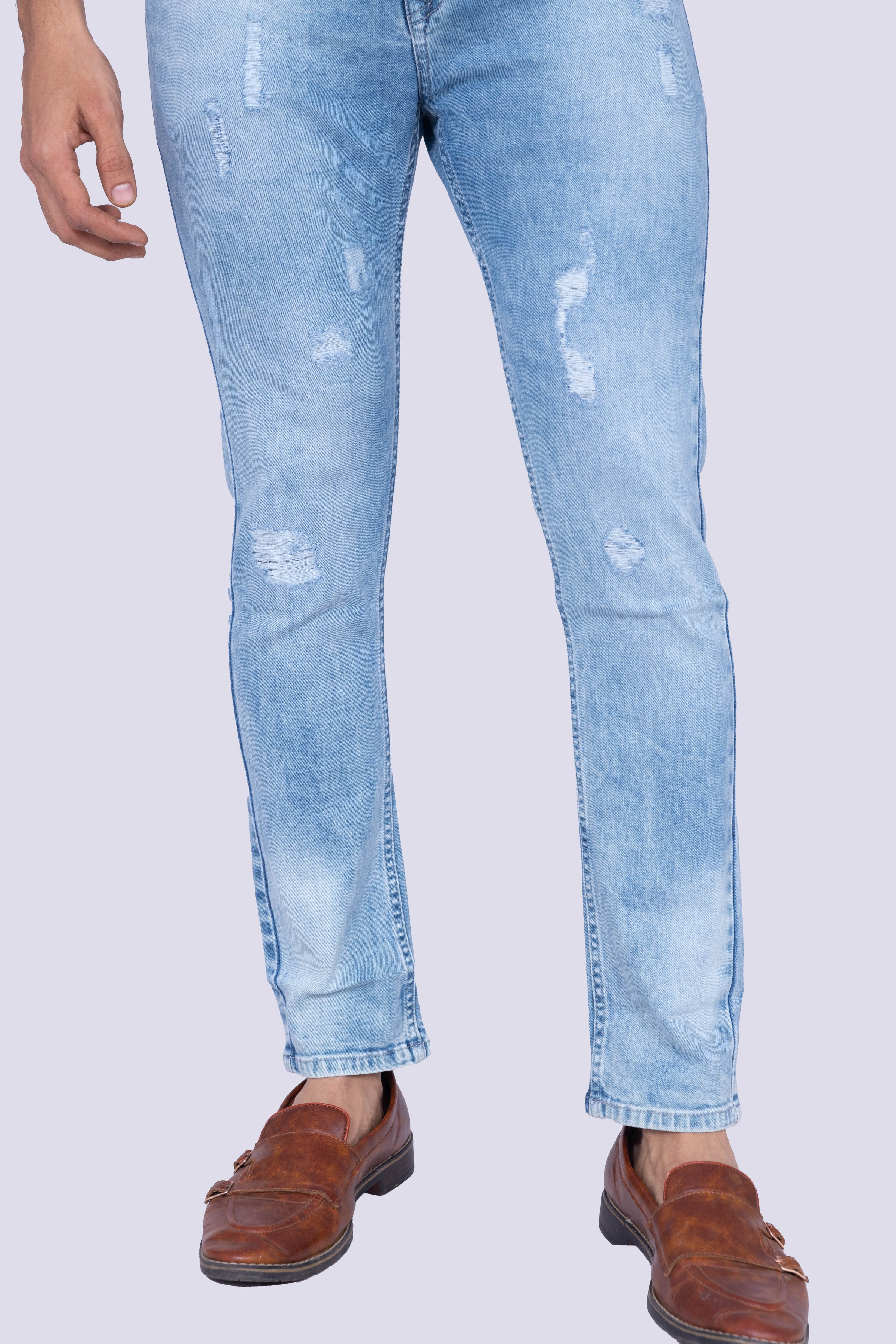 Ice blue light destressed narrow fit jeans