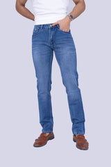 Knit medium wash regular fit blue jeans