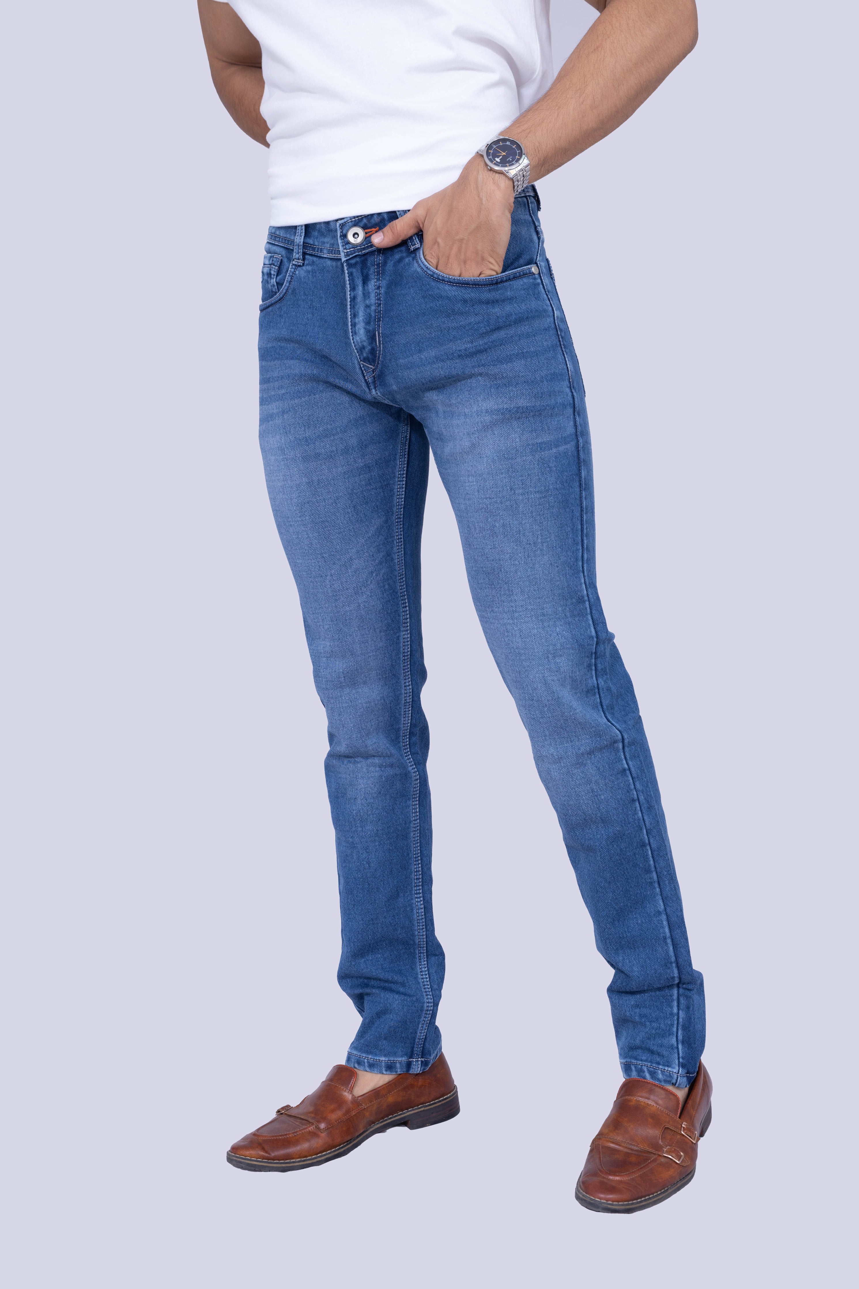 Knit medium wash regular fit blue jeans