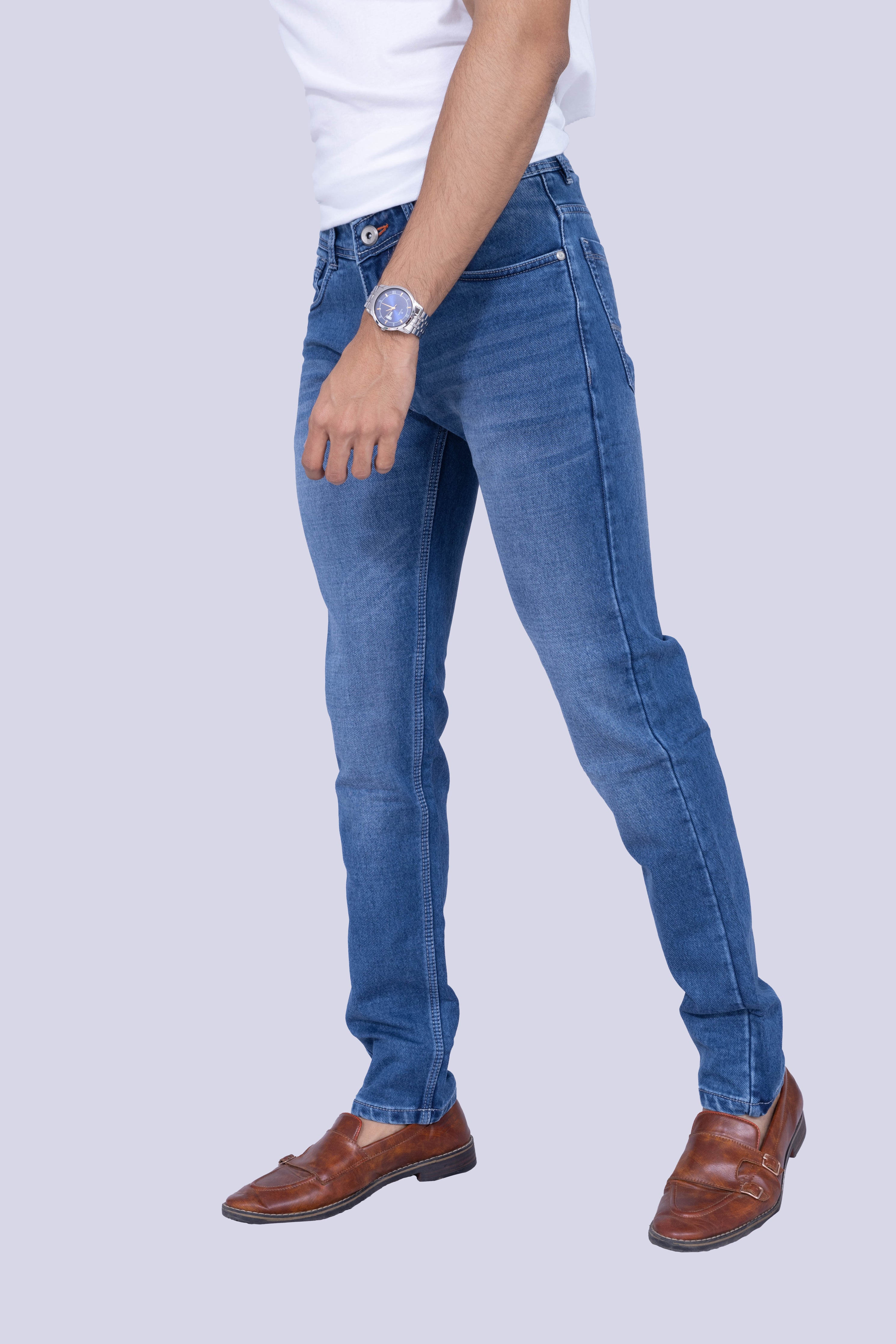 Knit medium wash regular fit blue jeans