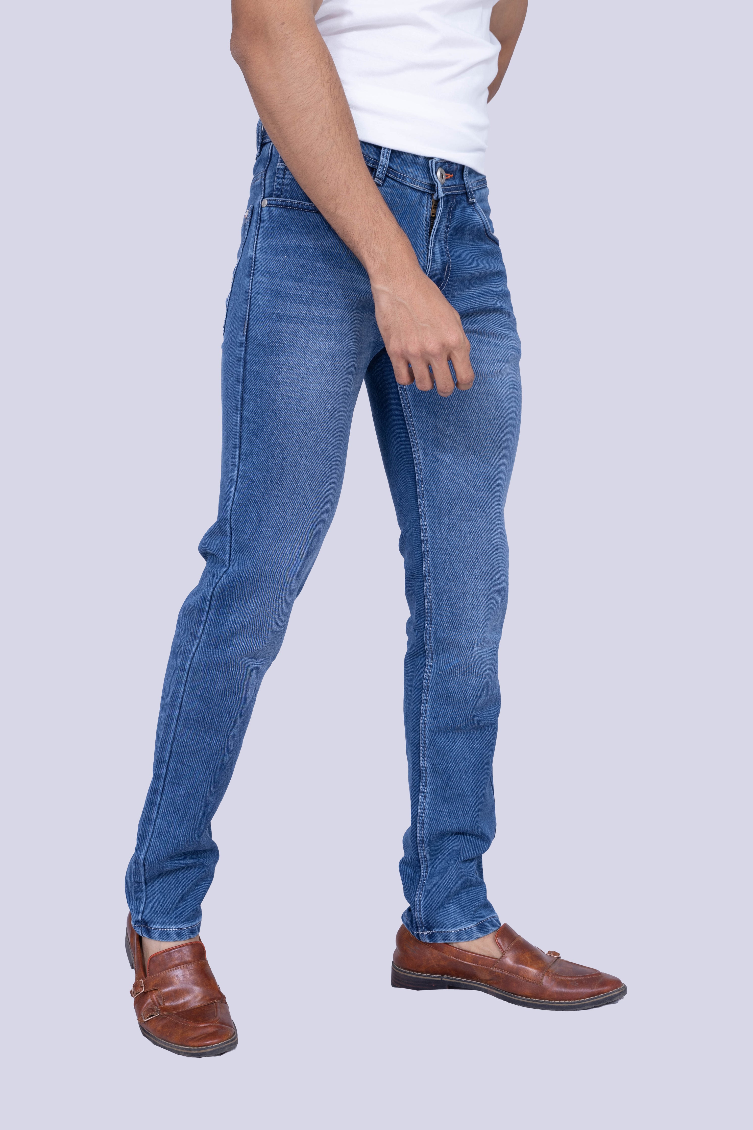 Knit medium wash regular fit blue jeans