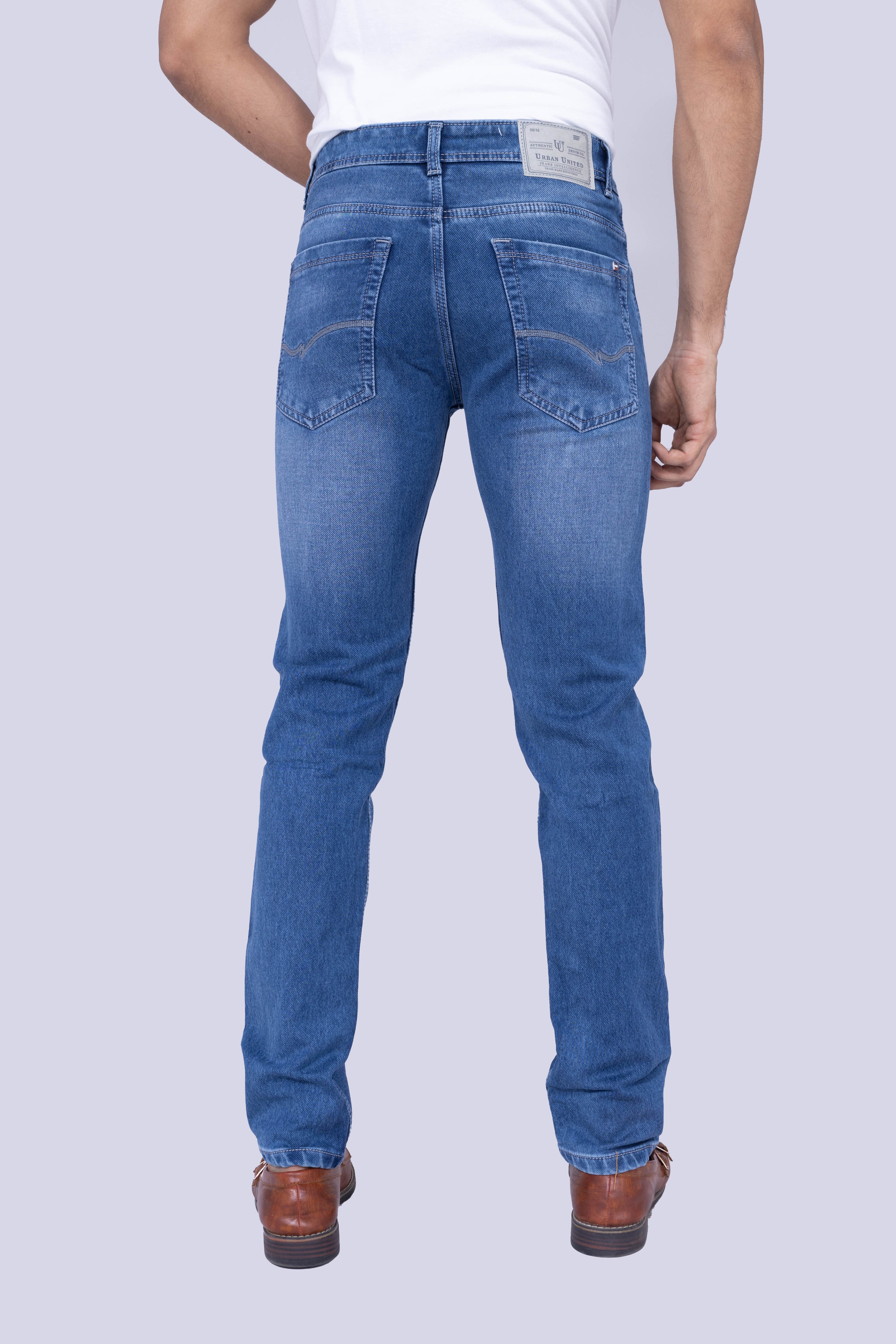 Knit medium wash regular fit blue jeans