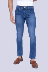 Knit Denim Mid-Wash Blue Narrow Fit Jeans