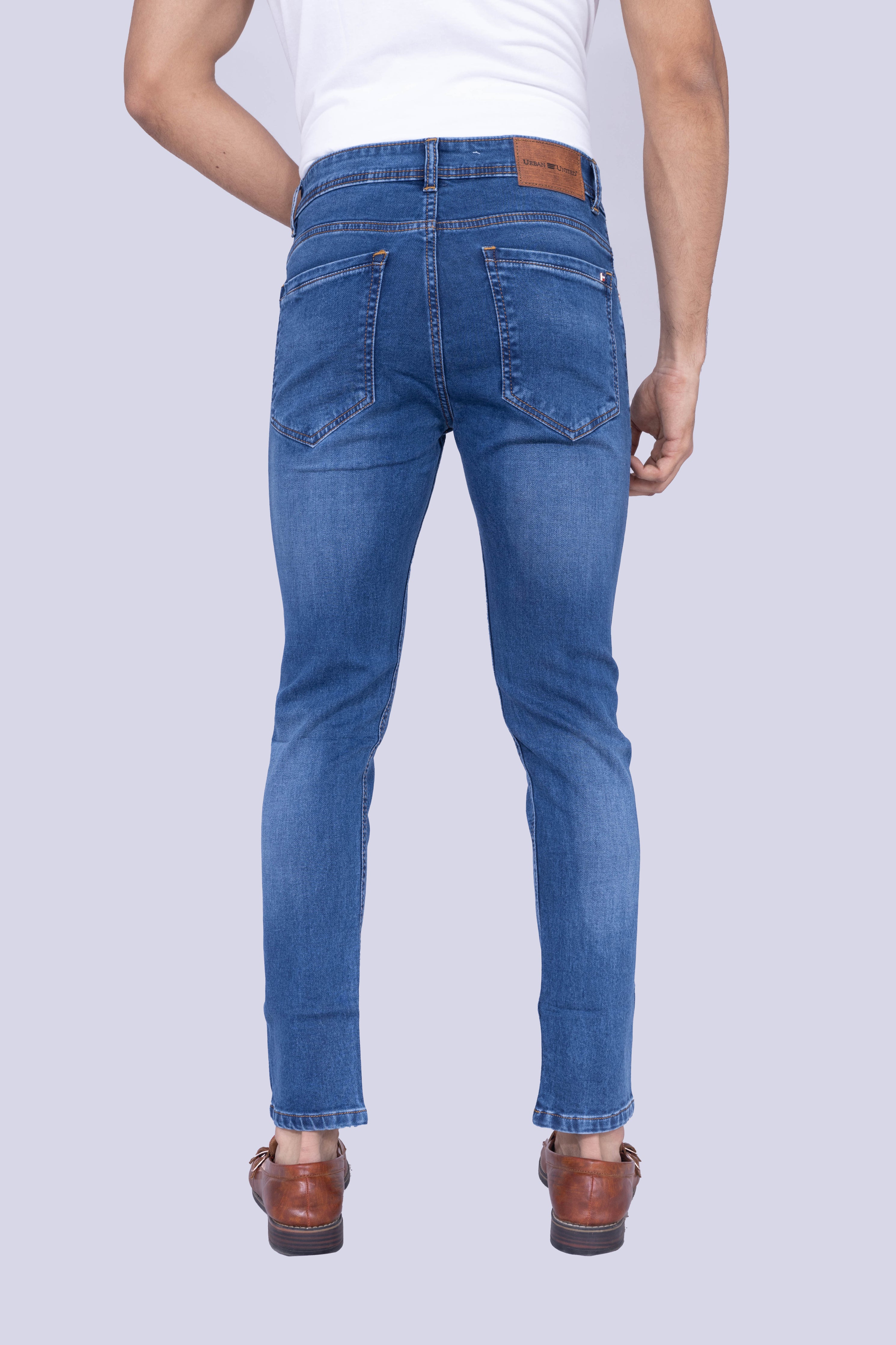 Knit Denim Mid-Wash Blue Narrow Fit Jeans