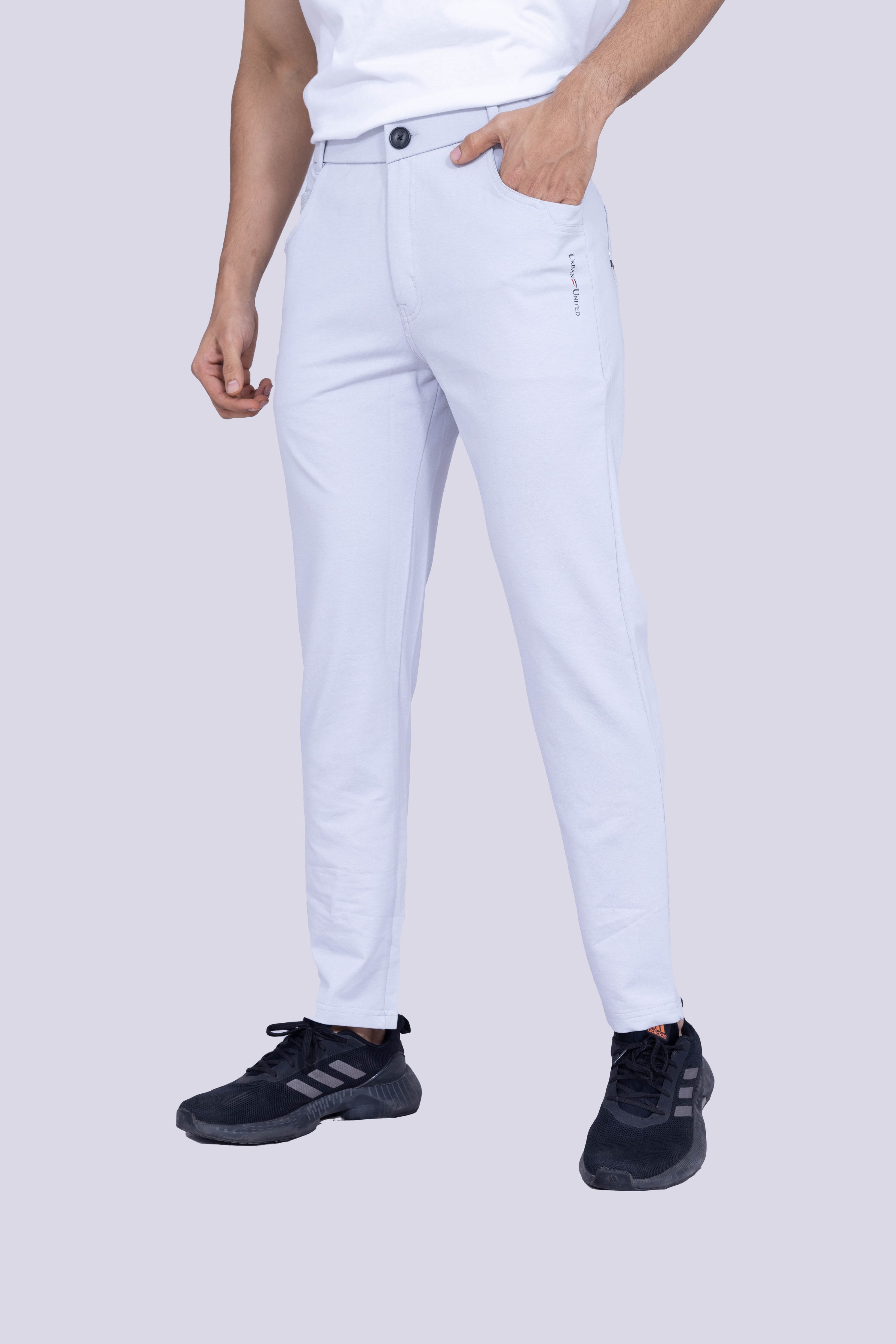 Light grey button track pants with back pocket details