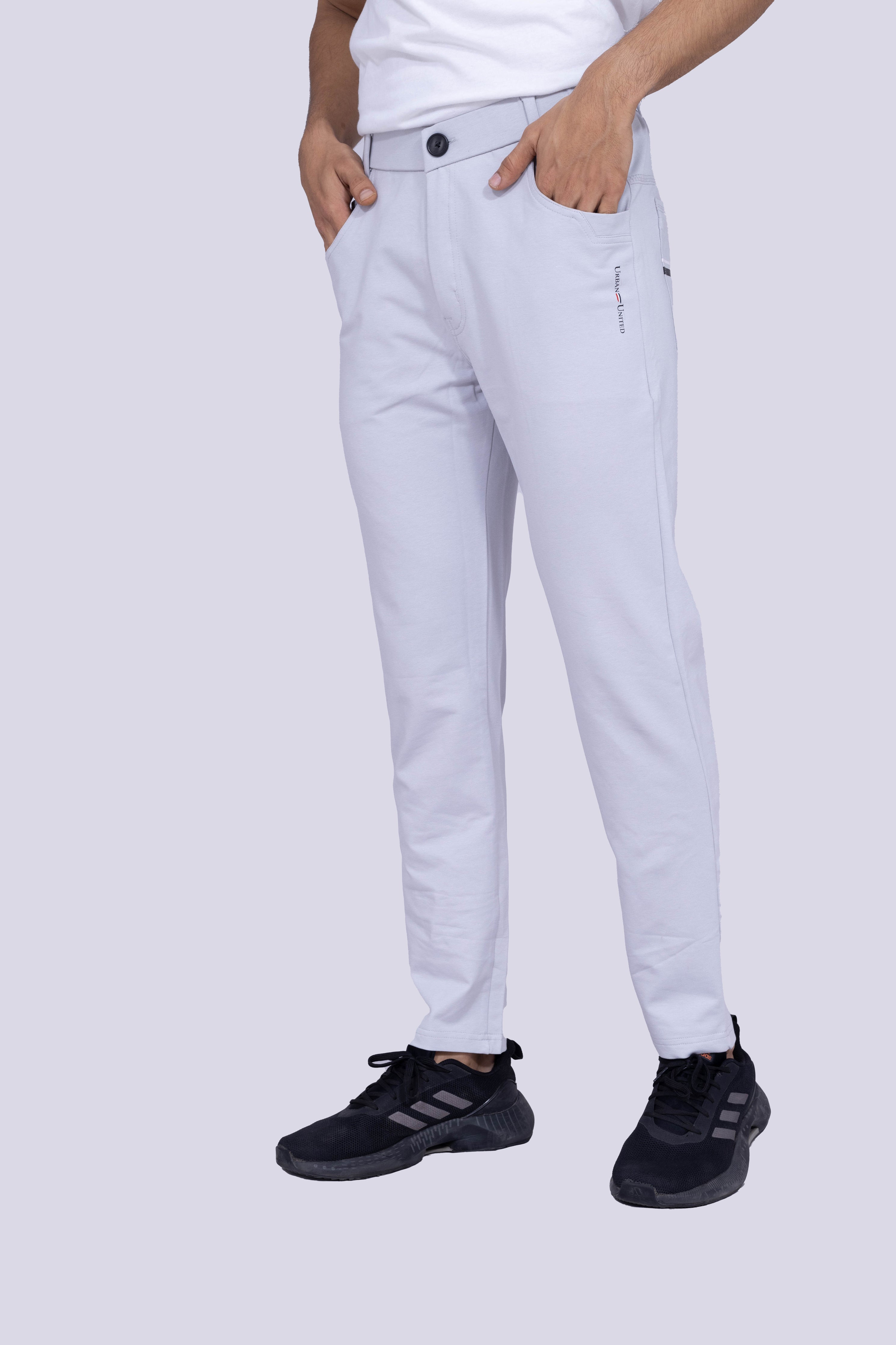 Light grey button track pants with back pocket details