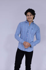 Men's dark blue shirt with pink and white single vertical stripes