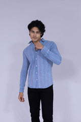 Men's dark blue shirt with pink and white single vertical stripes