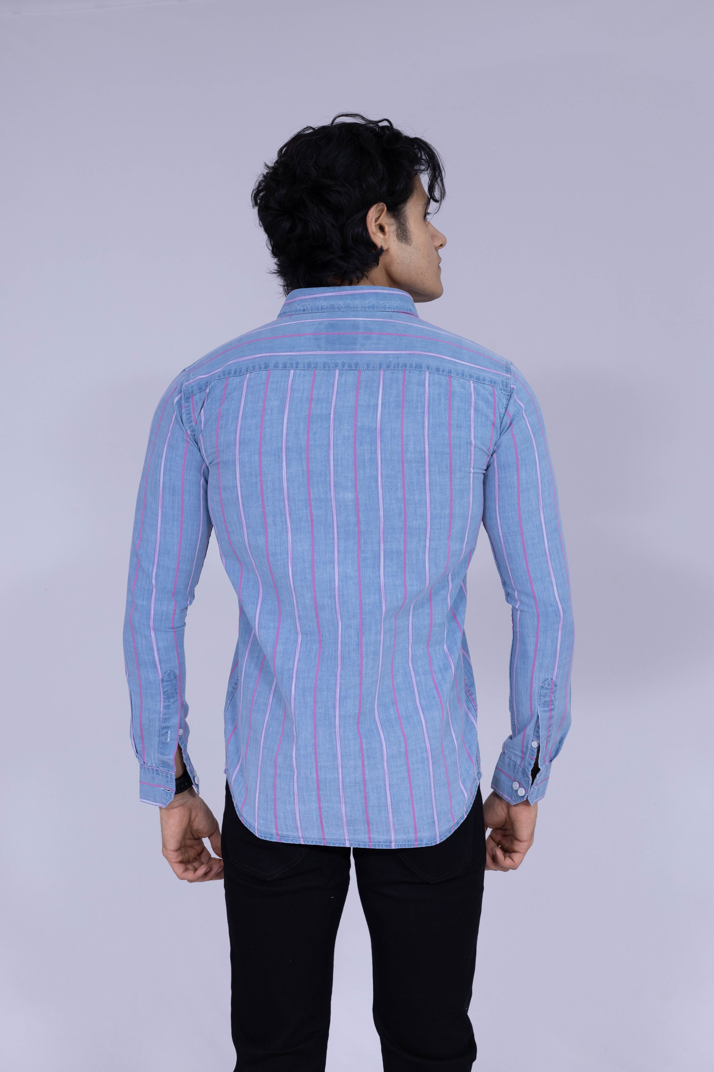 Men's dark blue shirt with pink and white single vertical stripes