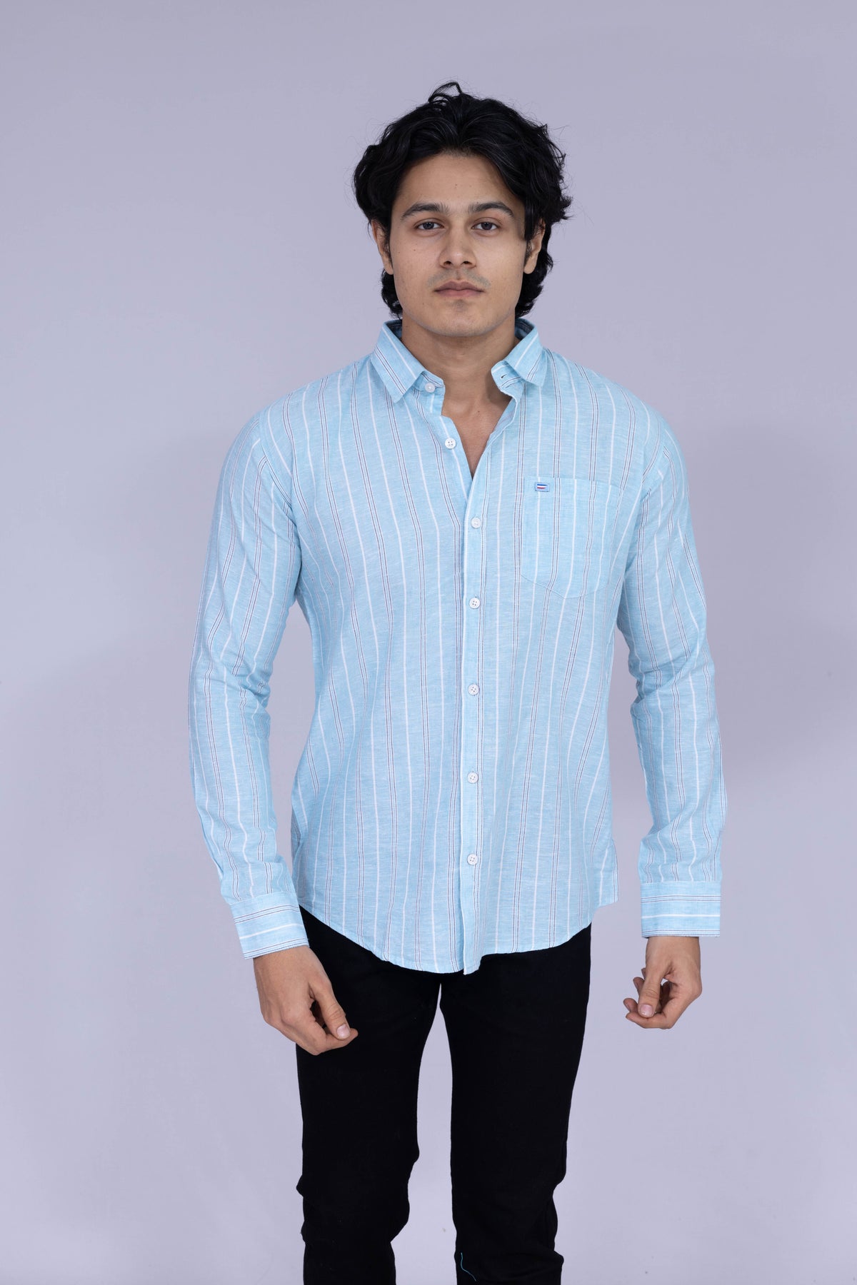 Men's light blue shirt with red and white double vertical stripes