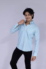 Men's light blue shirt with red and white double vertical stripes