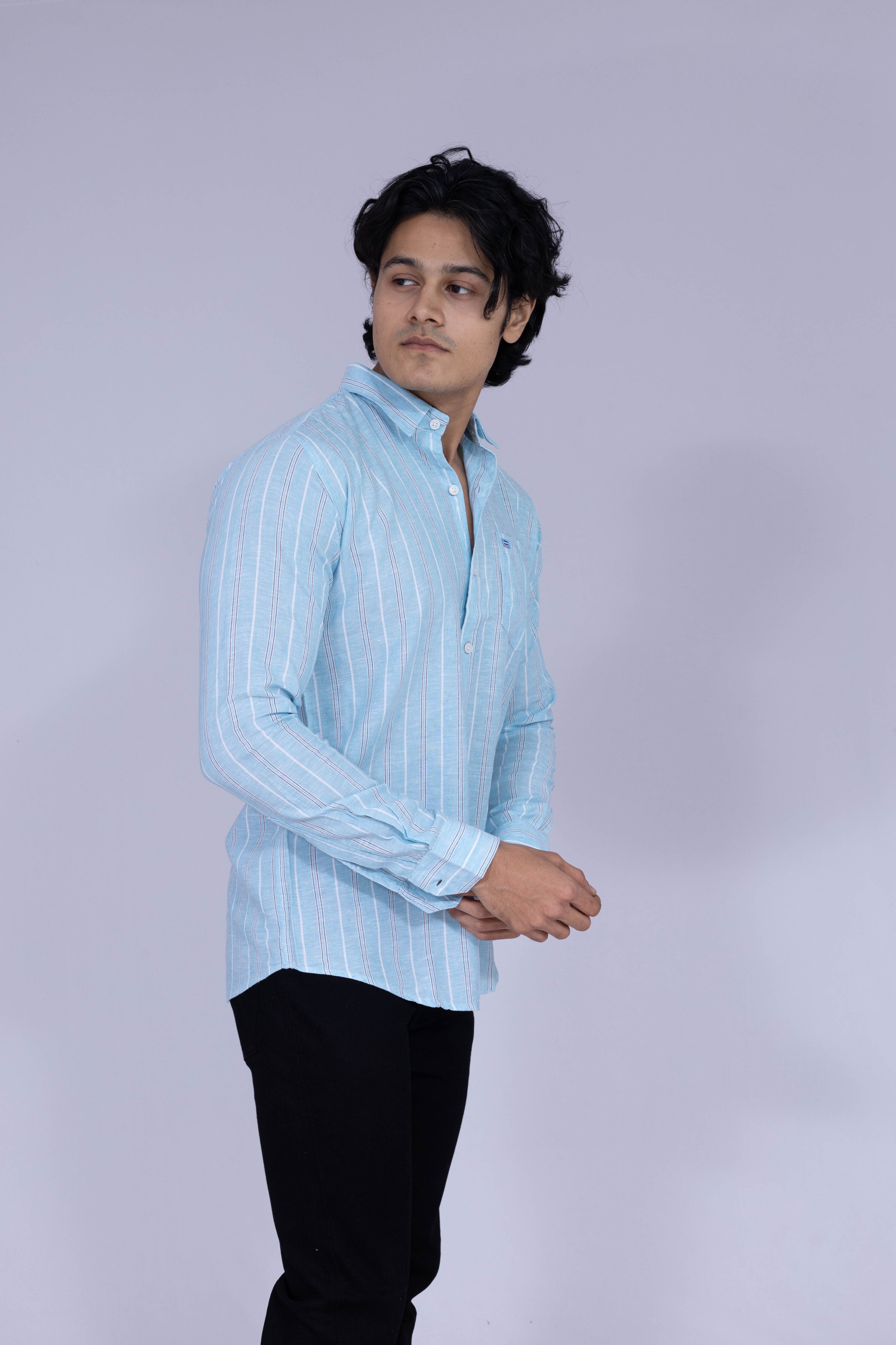 Men's light blue shirt with red and white double vertical stripes