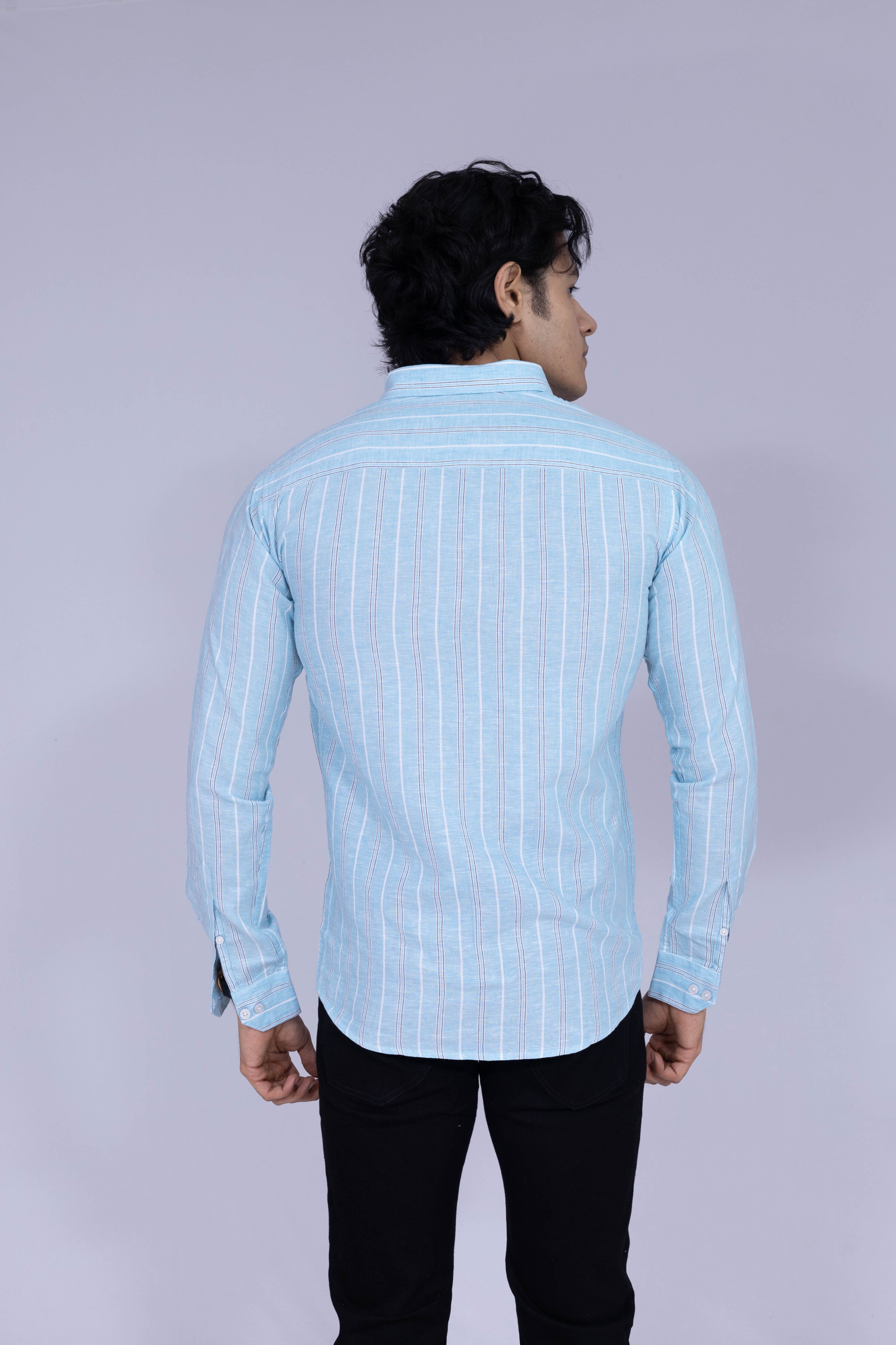 Men's light blue shirt with red and white double vertical stripes