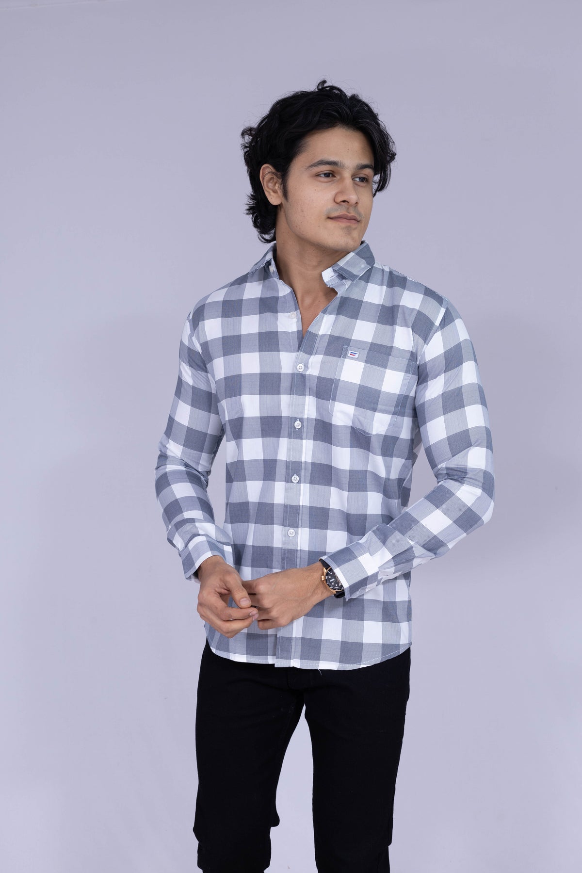 Grey & white checked shirt