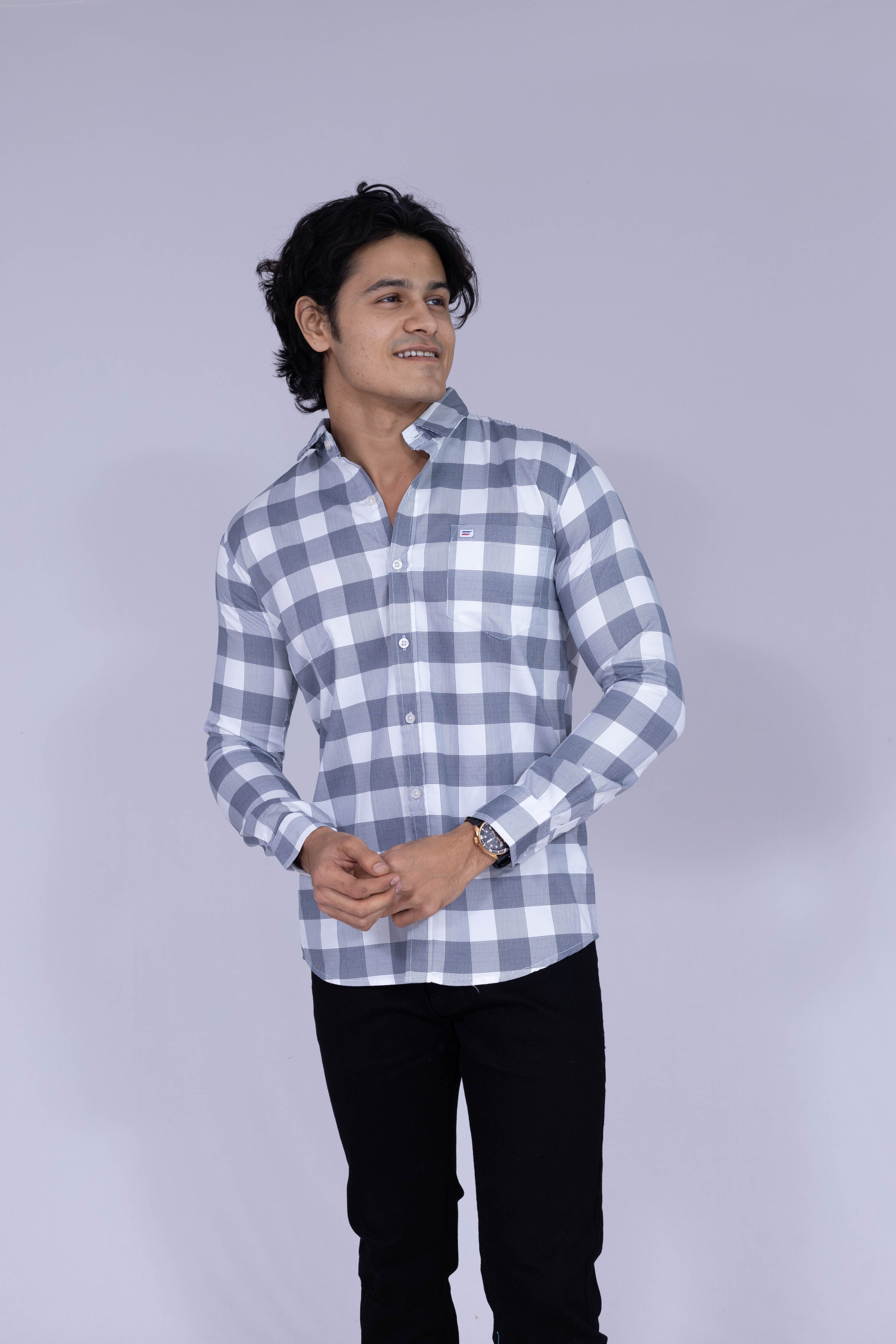 Grey & white checked shirt