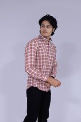 Brown, red and white checked shirt
