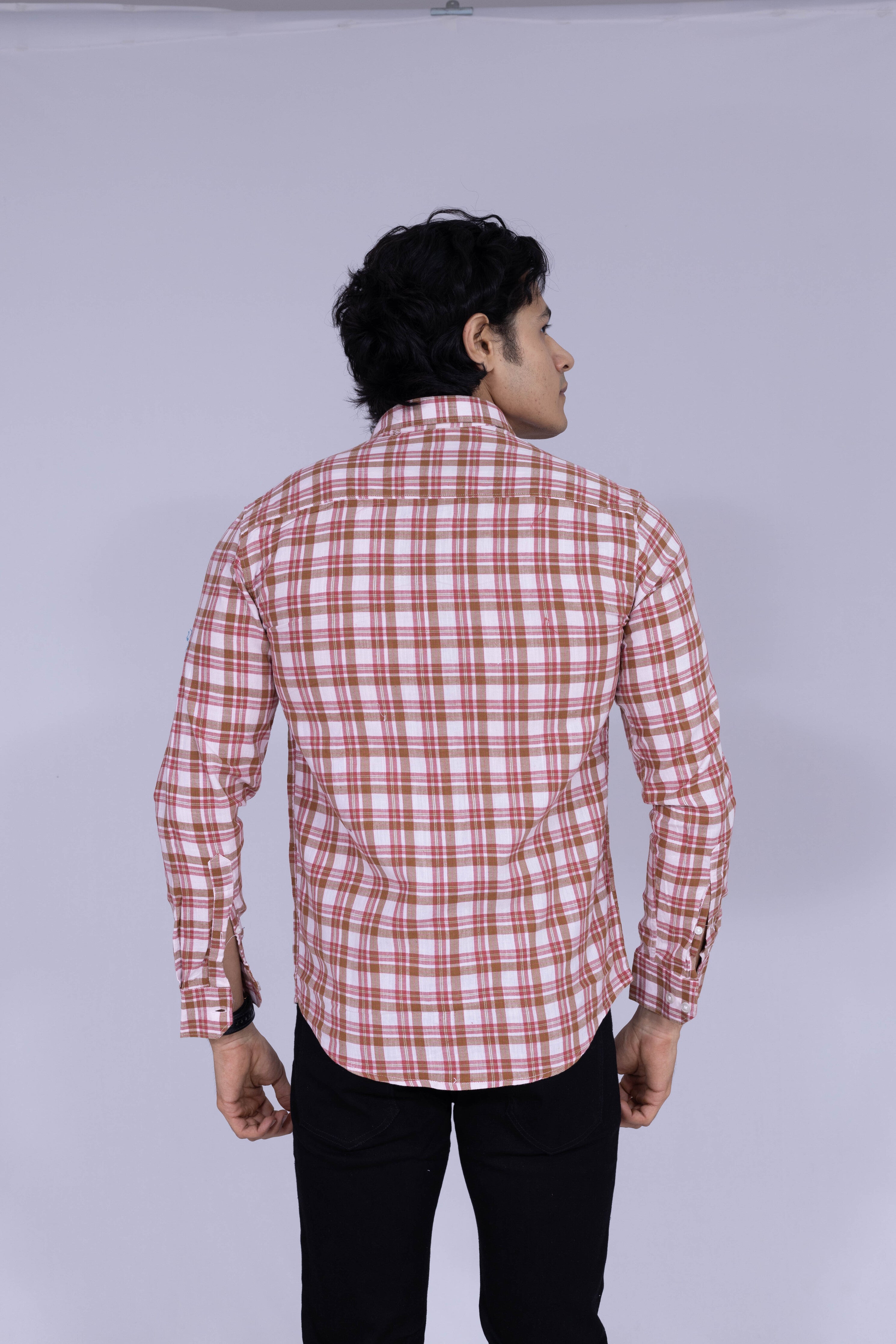 Brown, red and white checked shirt