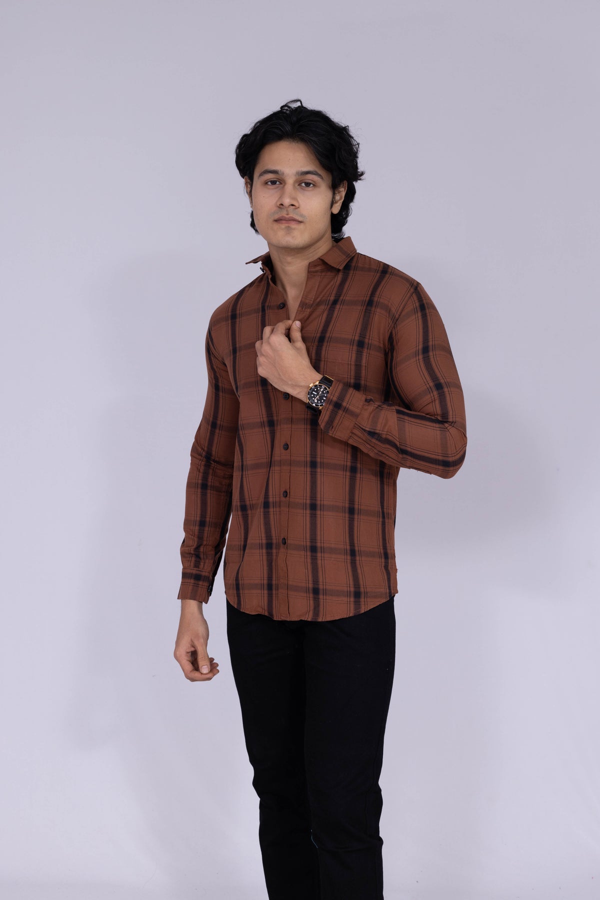 Mud brown shirt with black think & thin stripes