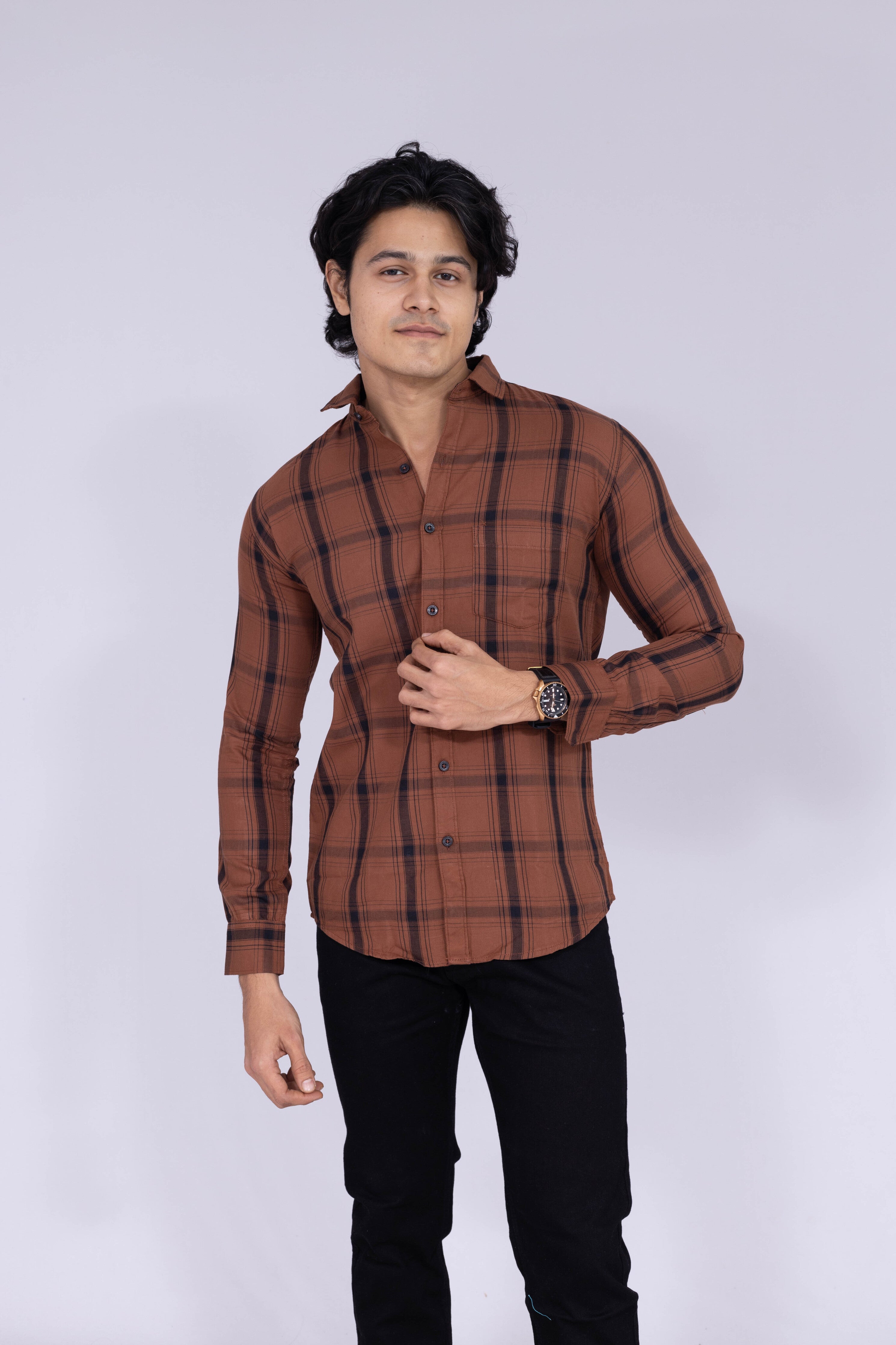 Mud brown shirt with black think & thin stripes