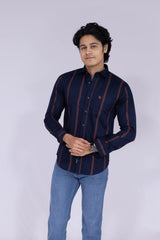 Navy blue and brick colour double striped shirt