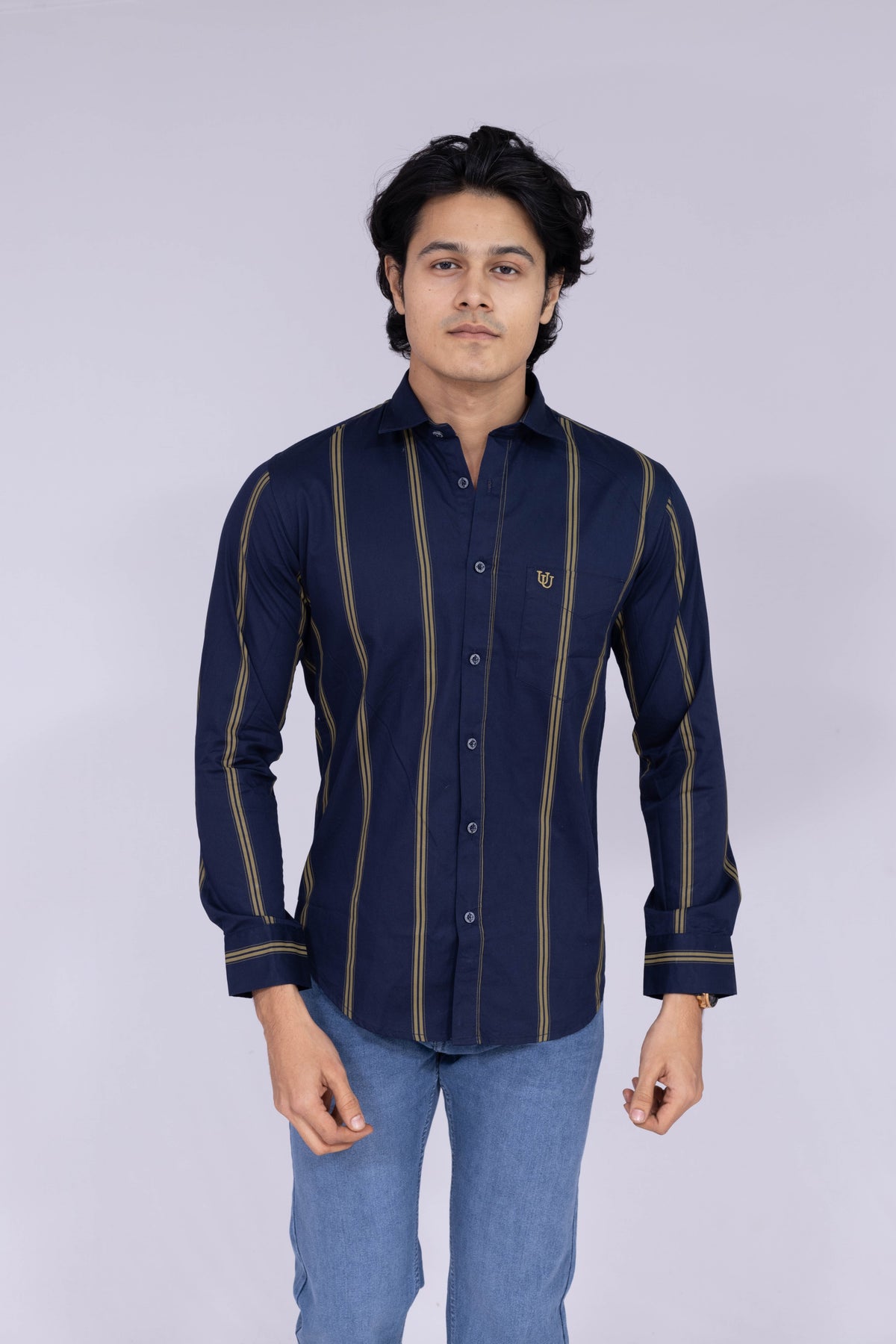 Navy blue and yellow colour double striped shirt