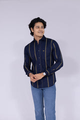 Navy blue and yellow colour double striped shirt