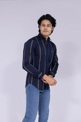 Navy blue and yellow colour double striped shirt