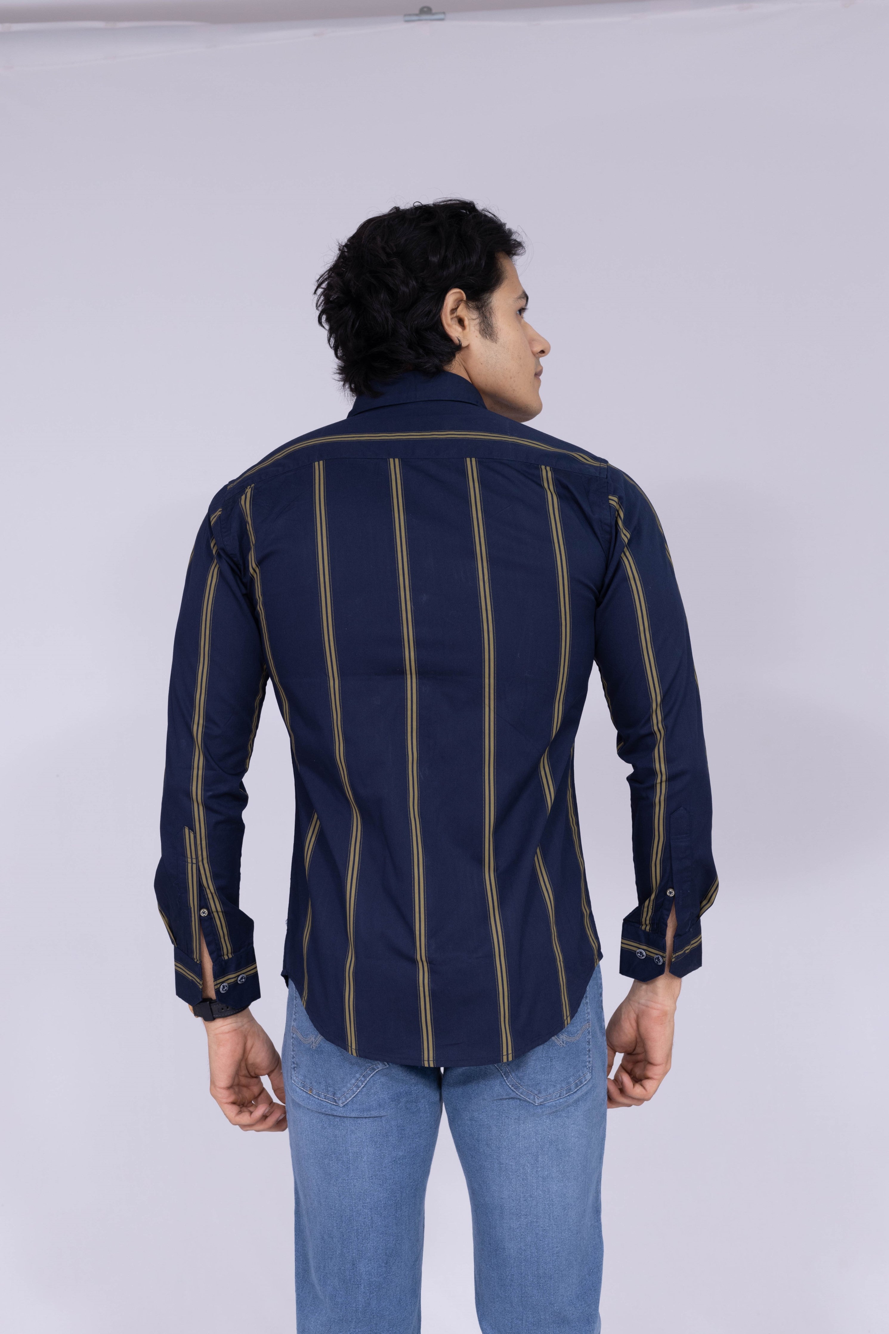 Navy blue and yellow colour double striped shirt