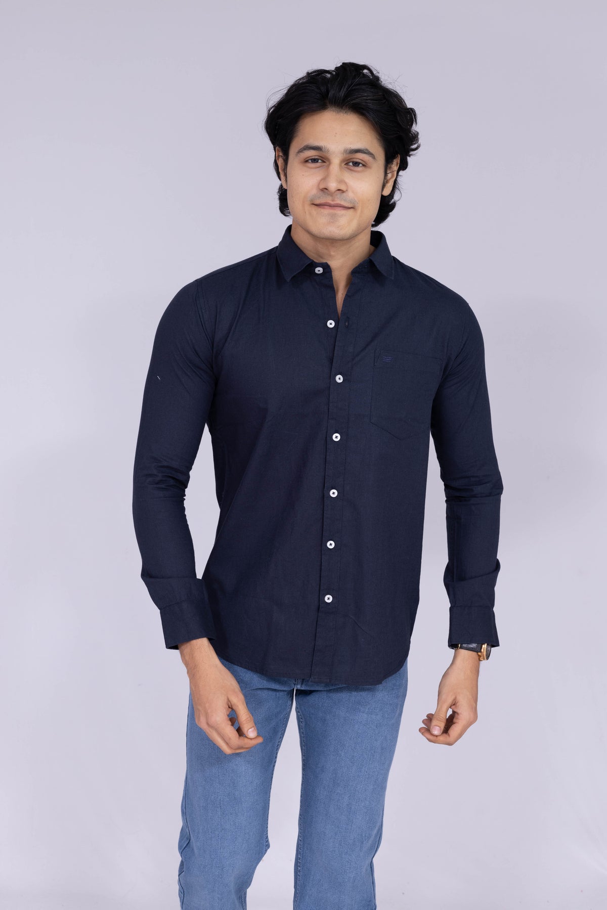 Classic navy blue solid shirt with white buttons