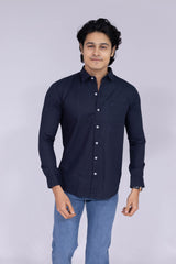 Classic navy blue solid shirt with white buttons