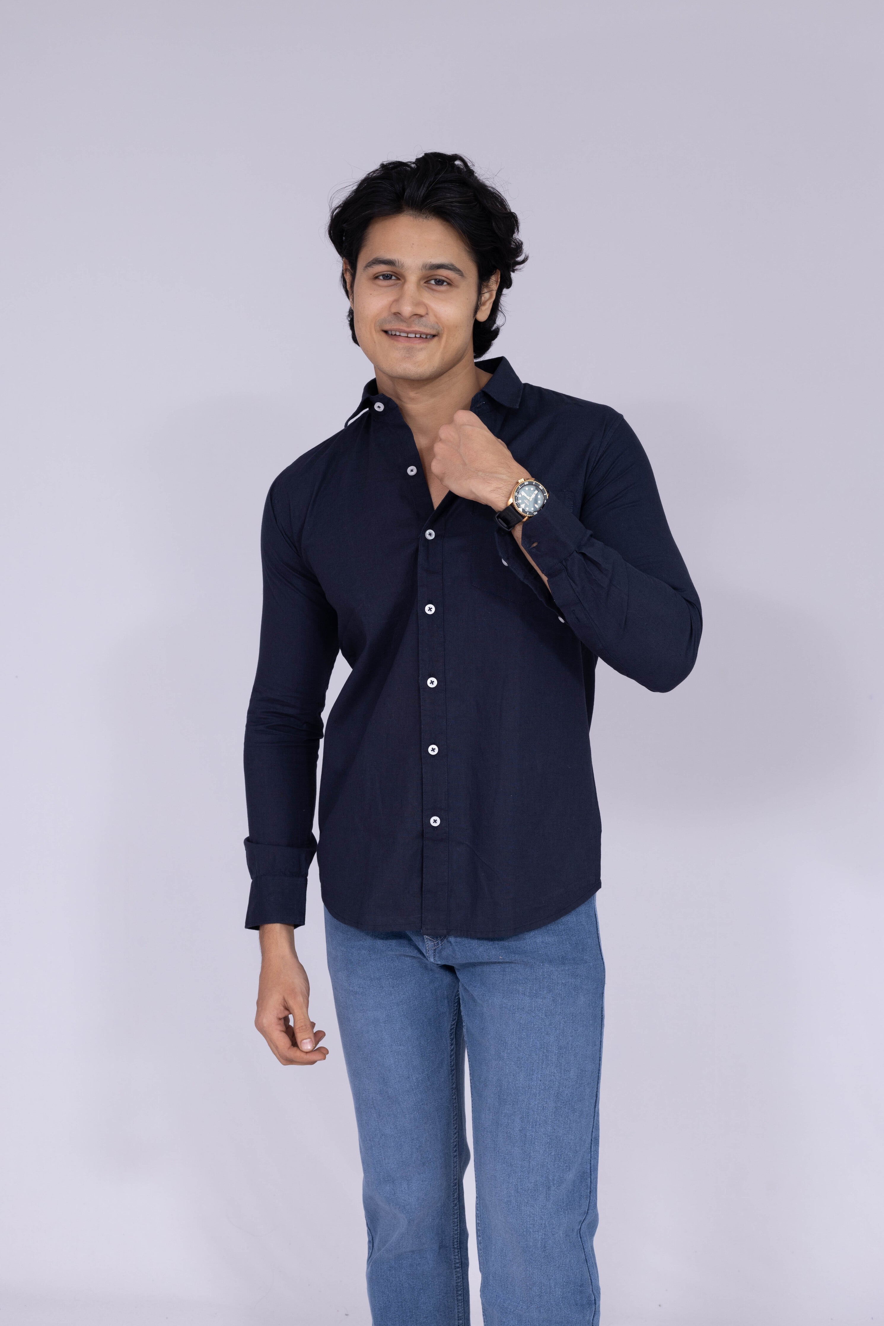 Classic navy blue solid shirt with white buttons