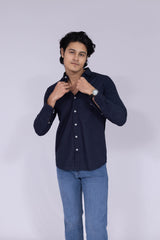 Classic navy blue solid shirt with white buttons