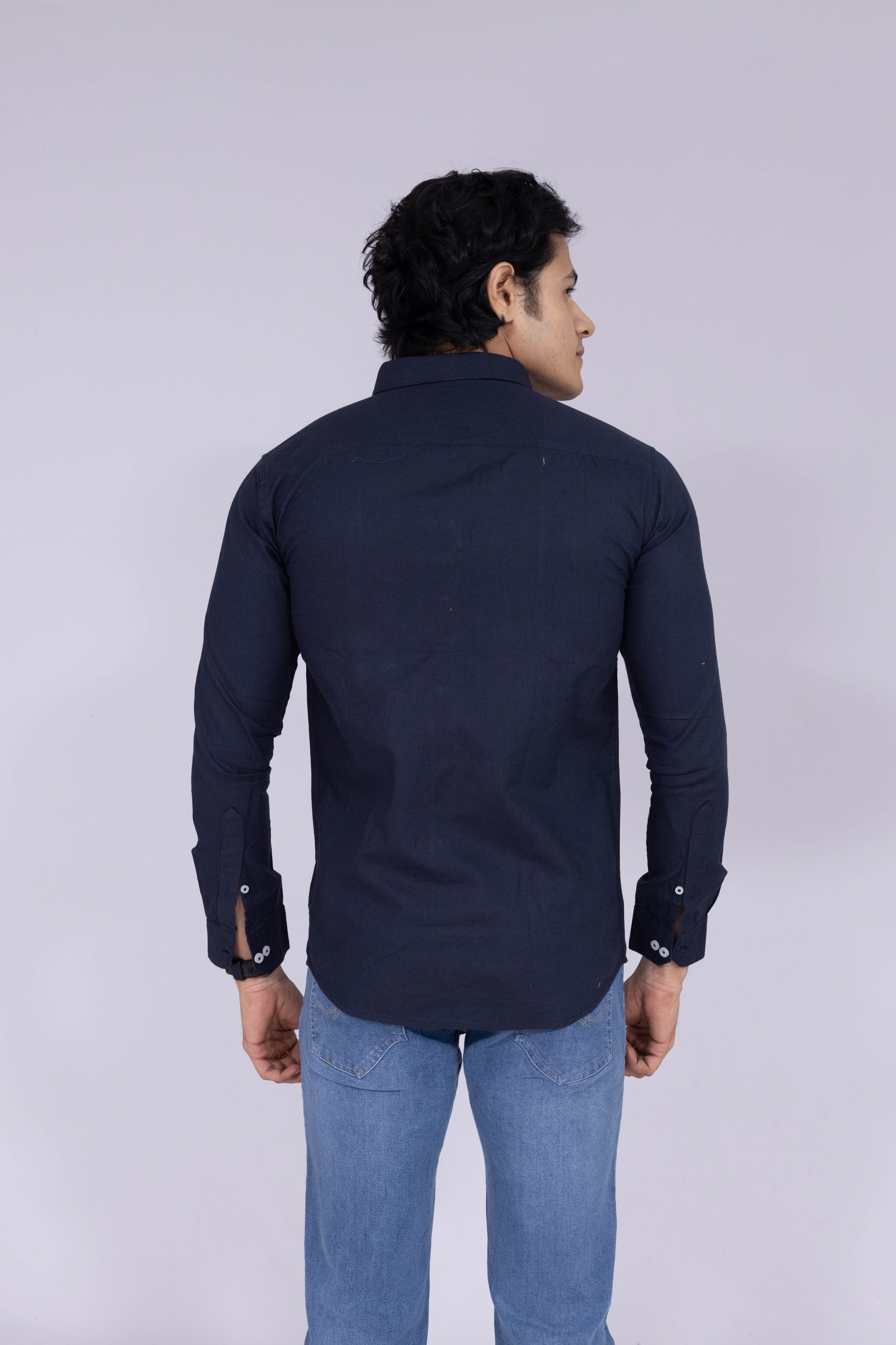 Classic navy blue solid shirt with white buttons