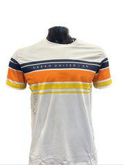 Printed Round Neck white and yellow and blue T-shirt